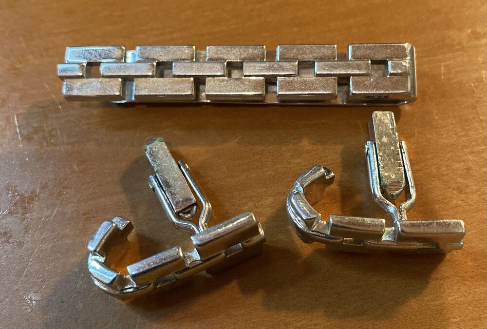Silver Tone Men’s Cufflinks Tie Bar Set Brick Chain Link Classic Dress Jewelry
